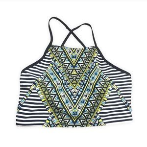 Blue/Yellow/White Patterned Lace-up Back Swimsuit Top